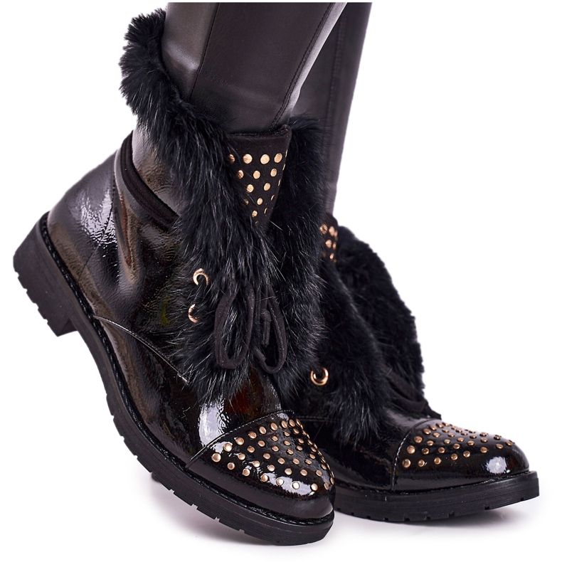SEA Women's Warm Boots With Rhinestones And Fur, Lacquered Glam black