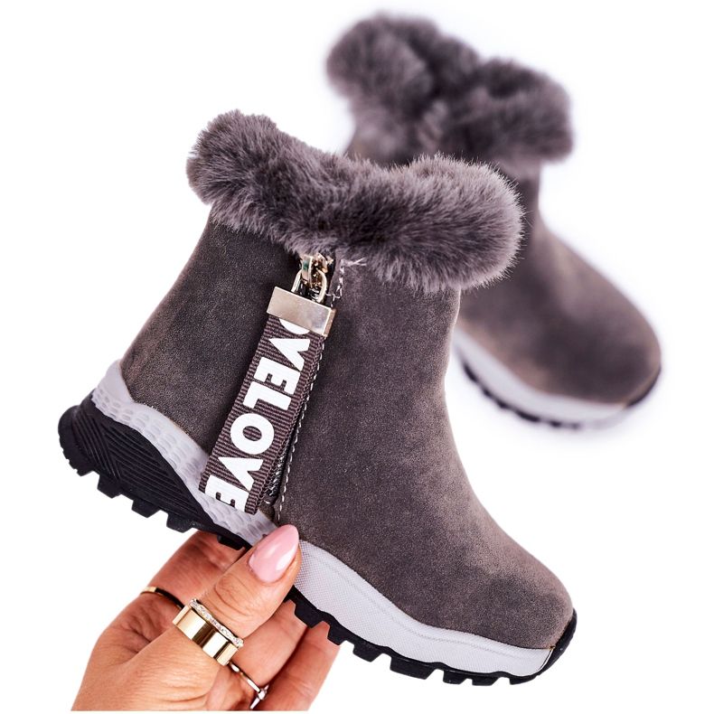 Linshi Children's Warm Snow Boots With Fur Gray Love-Love grey