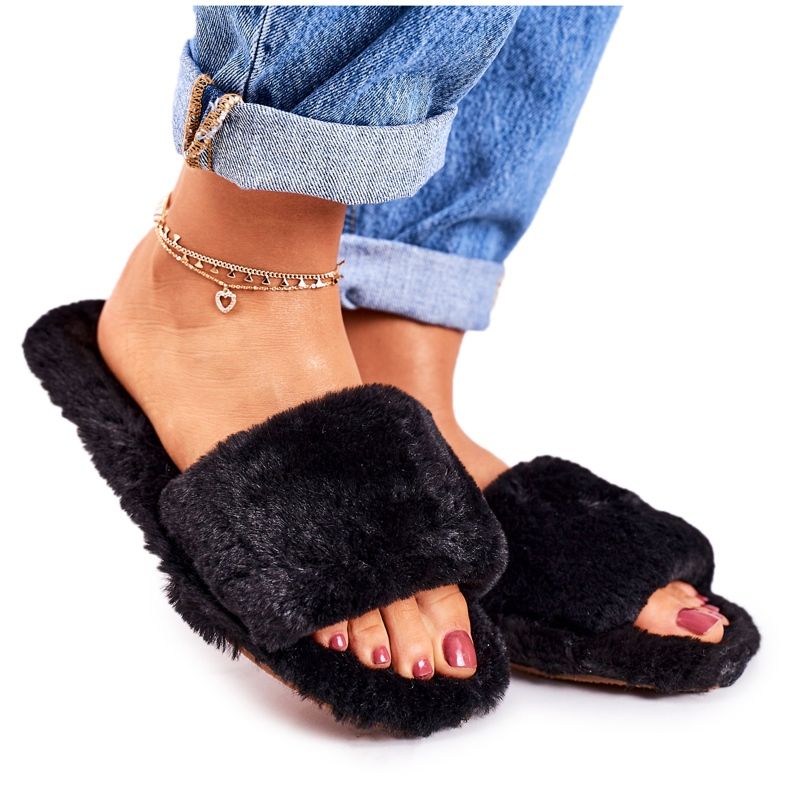FJ1 Women's Black Fur Slippers Cold Days