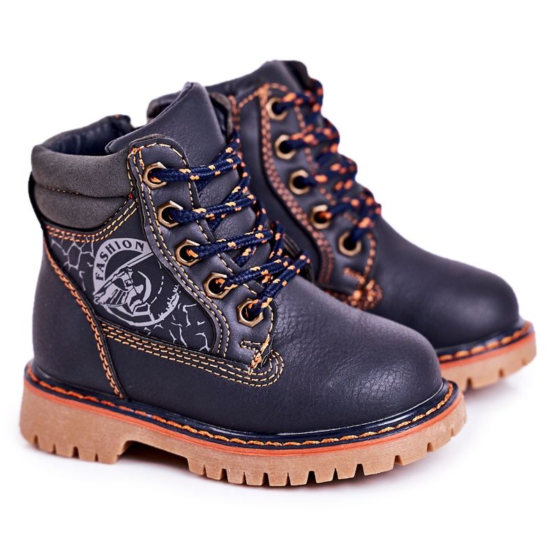 PL1 Children's Warm Boots Trappers On A Rubber Sole Navy Blue Bobby orange