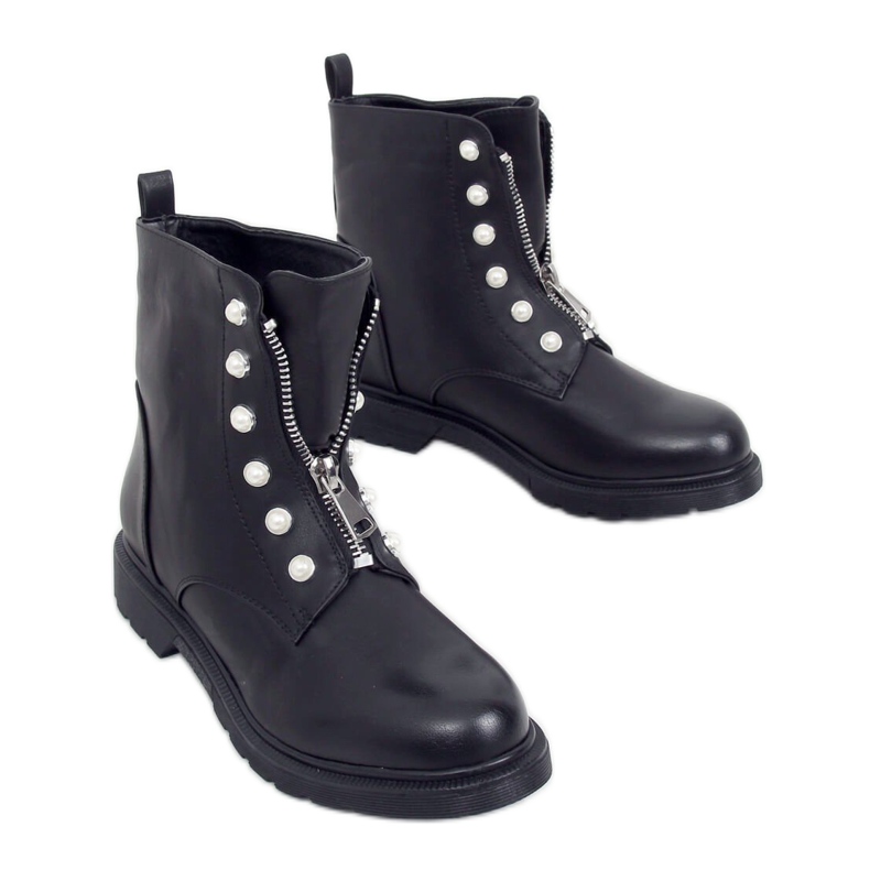 Black military boots with pearls 8296 Black