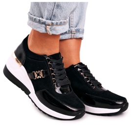 S.Barski Women's Leather Wedge Sneakers Black Gold Roxette