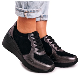S.Barski Women's Leather Wedge Sneakers Black Silver Roxette