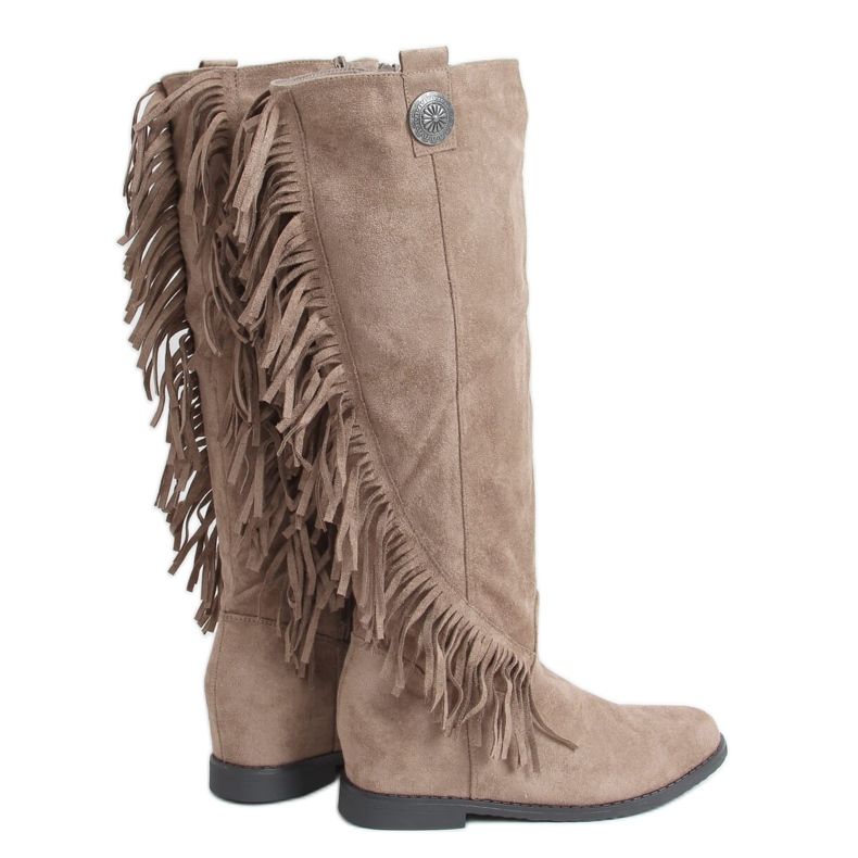 Boots with fringes hidden wedge beige ST-28P Khaki