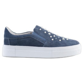 Filippo Leather Slipons With Pearls blue