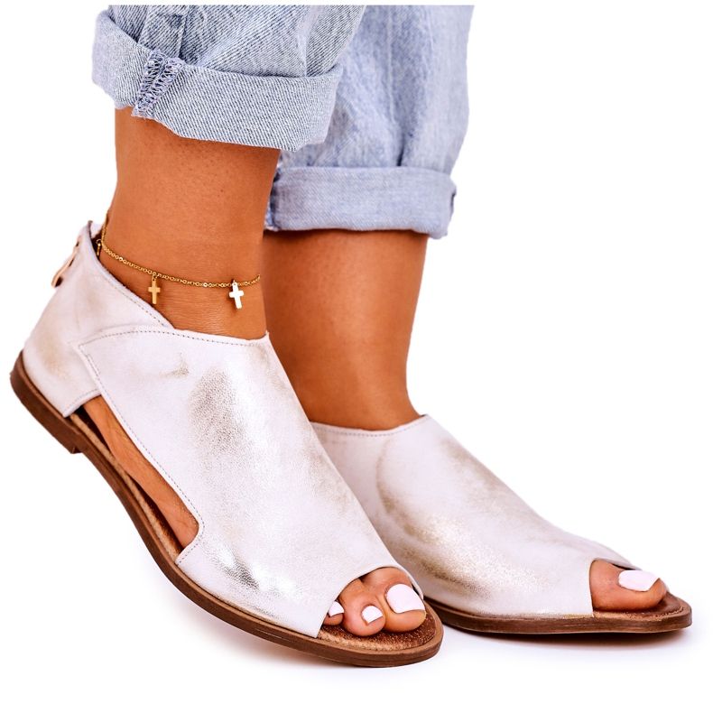 Nicole Women's Flat Leather Sandals White Natalie golden Nicole Women's Flat Leather Sandals White Natalie golden