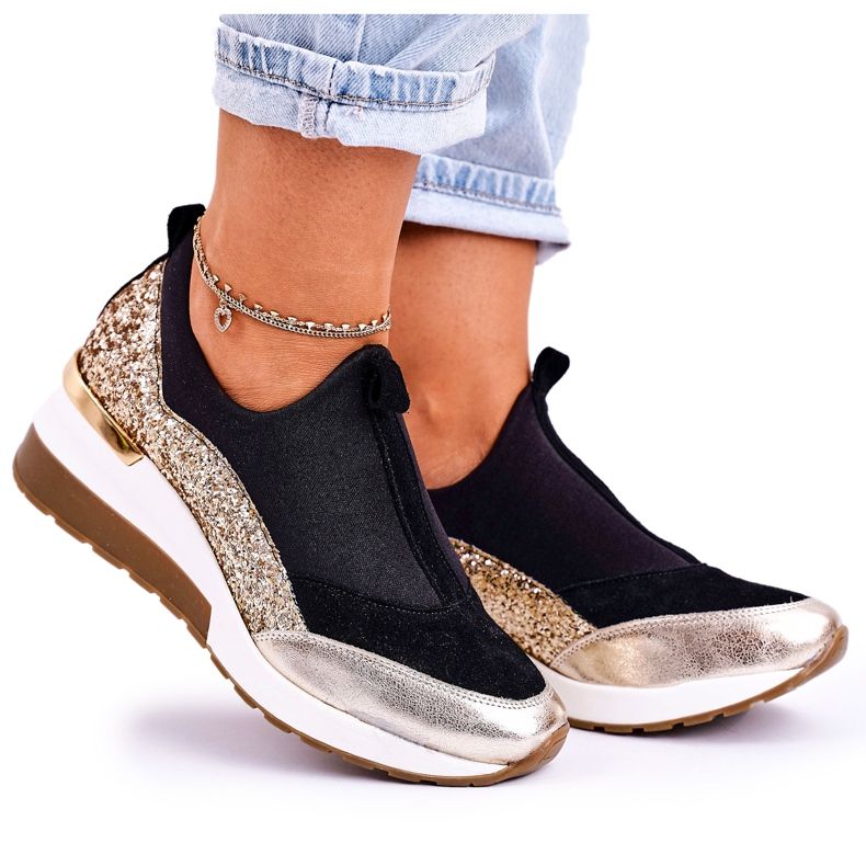 Nicole Women's Leather Wedge Sneakers Black Golden Frances