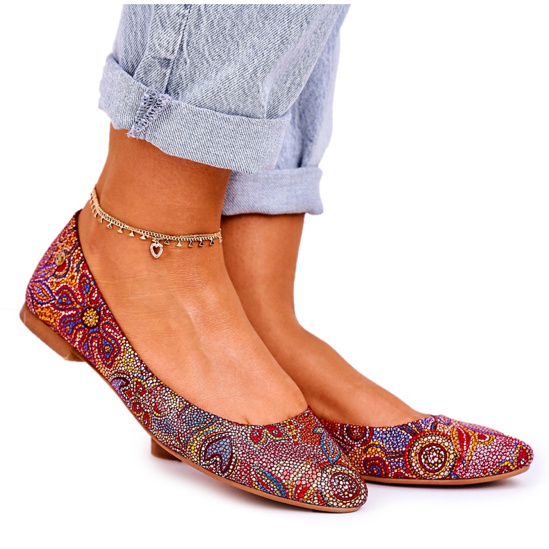 Women's Leather Maciejka Ballerinas Red With Flowers 04100-38 multicolored