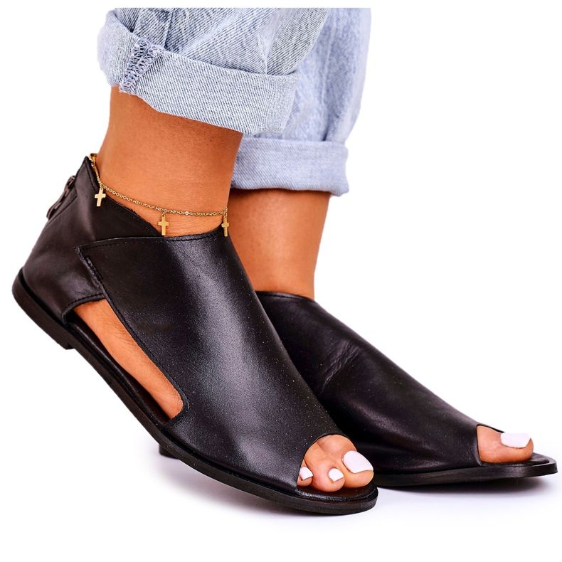 Nicole Women's Flat Leather Sandals Black Natalie