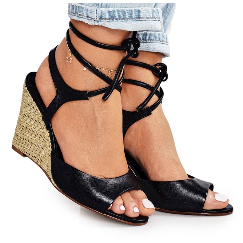 Leather Sandals On A Braided Wedge Laura Messi 1944 Black