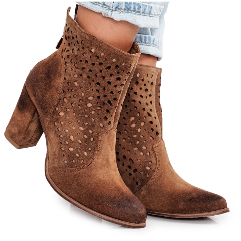 Openwork Booties On A Post Suede Exquisite 1219 Cognac brown