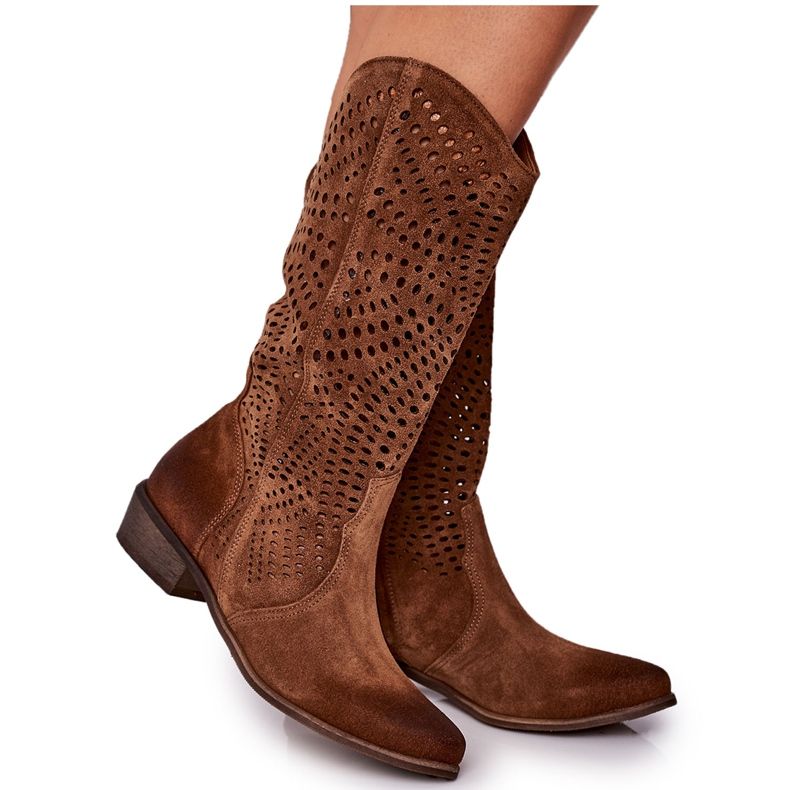 Spring Openwork Suede Boots Exquisite 1229 Cognac brown