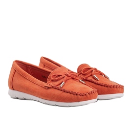 Orange eco-suede loafers with a Mckayla bow