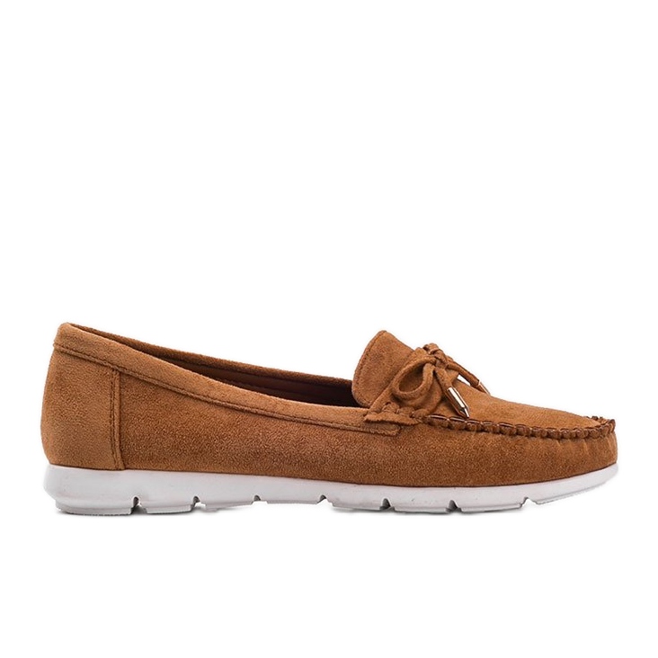 Brown eco-suede loafers with a Mckayla bow