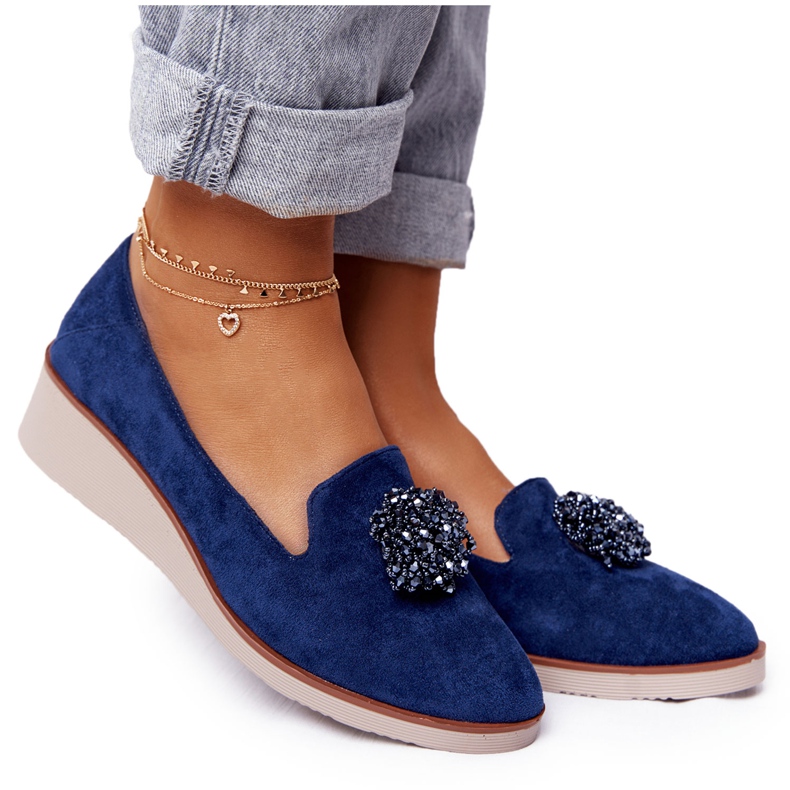 Elegant Wedge Shoes Vinceza 10580 Suede Navy Blue