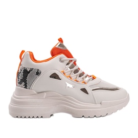 Felicia's white and beige snake sneakers