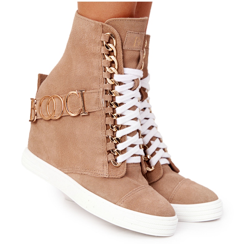 Women's Suede Sneakers BOOCI Golden Letters Bright Camel brown