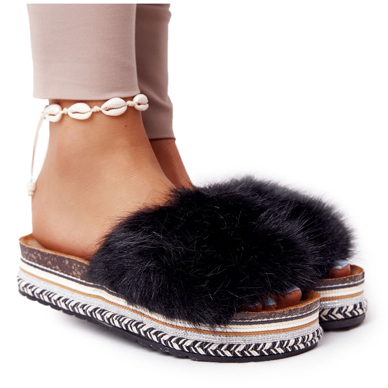 PS1 Black Adventure Platform Slippers with Fur multicolored