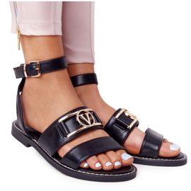 PS1 On Time Black Flat Leather Sandals