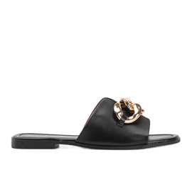 Black slippers with a gold Liberty chain