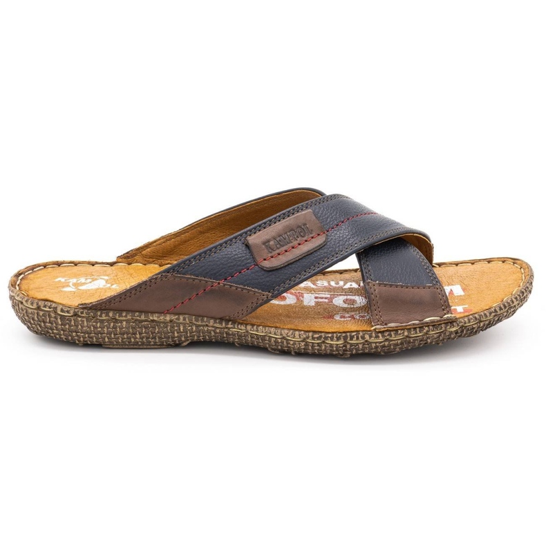 Kampol Men's leather slippers 200 navy blue with brown
