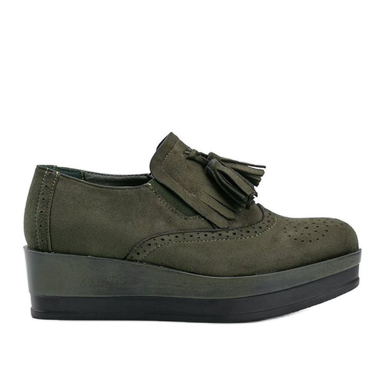 Green suede shoes on the Makenzie wedge