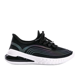 Black slip-on sneakers with a holographic Delaney pattern