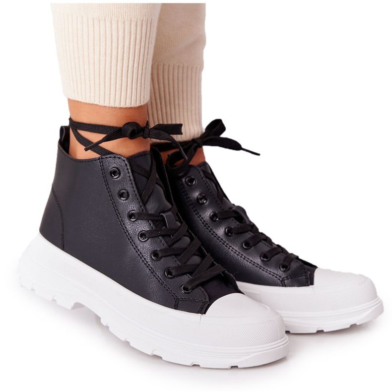 Women's Black Trissy Leather Sneakers On Large Sole