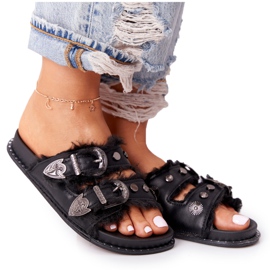 PS1 Slippers With Buckles And Fur Black Lydia