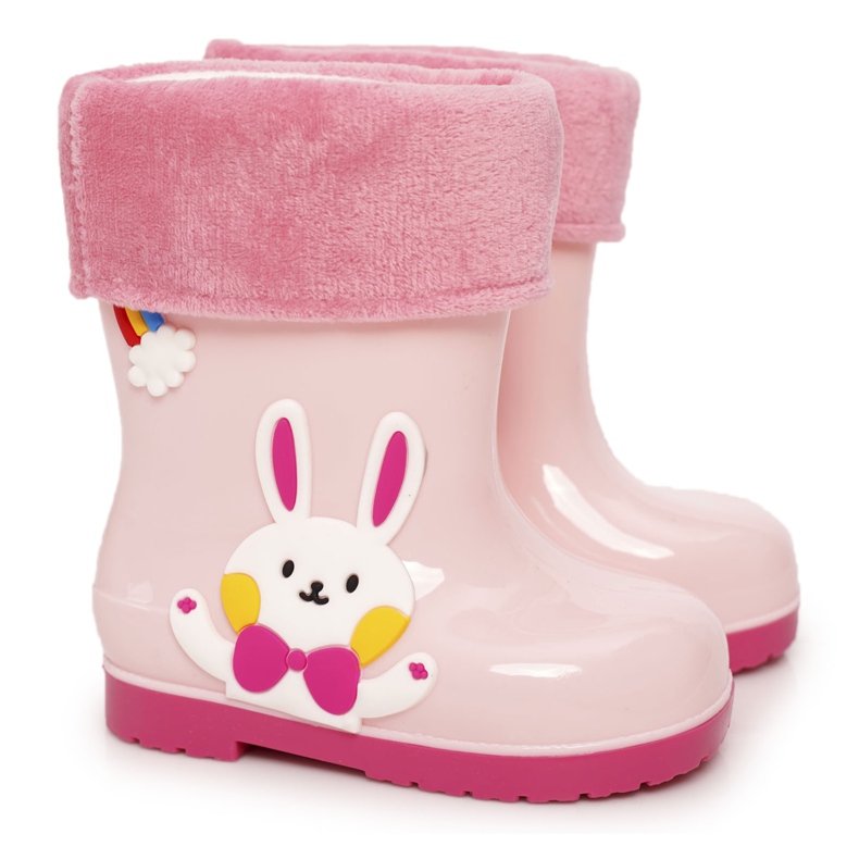 Children's warm rain boots with a pink bunny