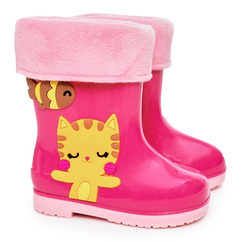 Children's pink warm rain boots with a kitty