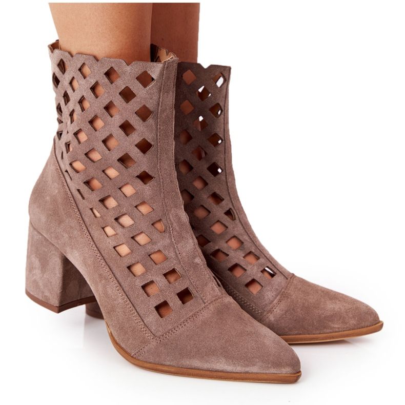 Suede openwork boots on high heels Nicole 2638 Brown