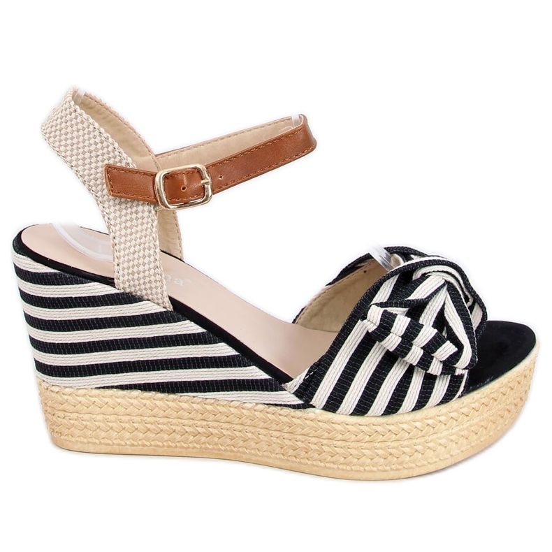 Black Sandals on a black striped wedge A89907 Black beige brown