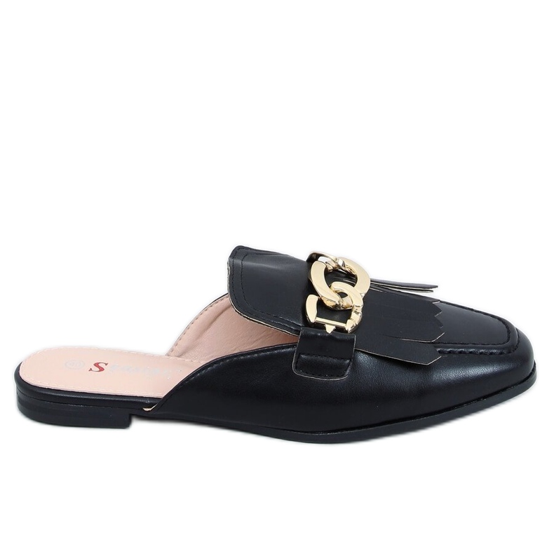 Black T501 Black moccasin slippers with chain