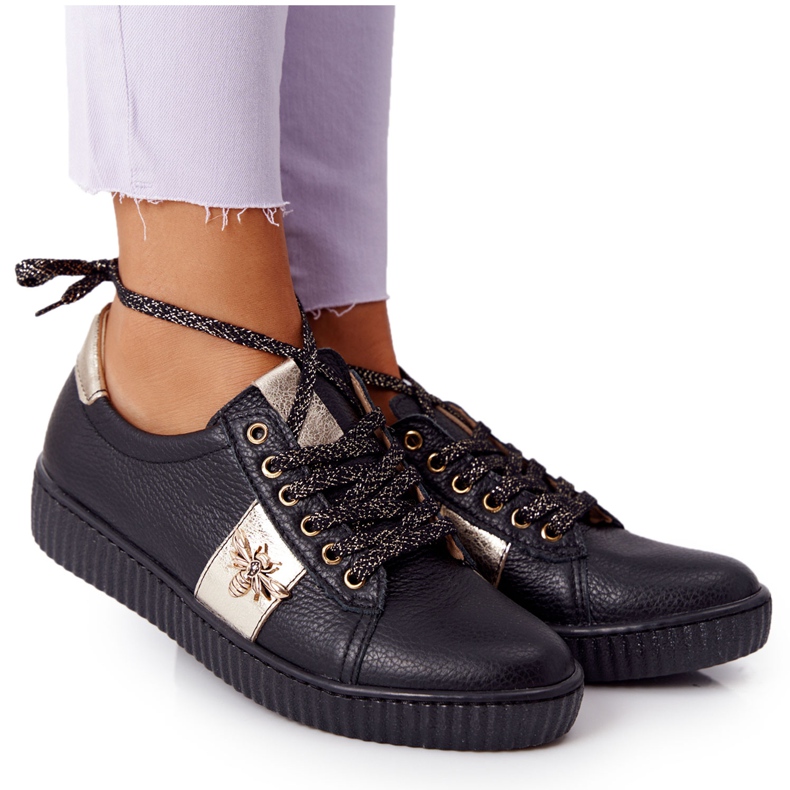 Women's Leather Sneakers Lewski Shoes 2786-0 Black-Gold golden