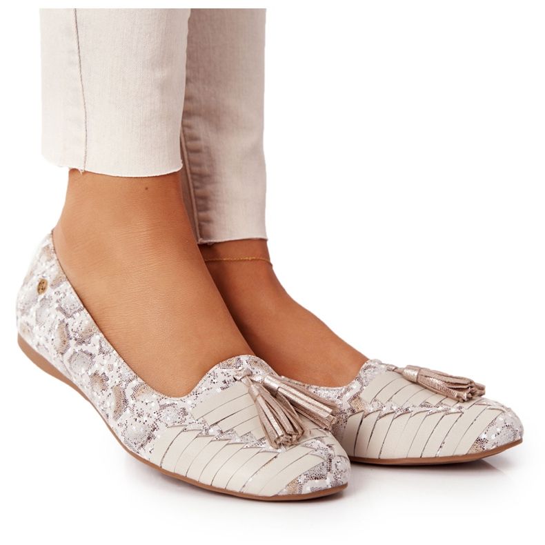 Leather Ballerinas With Fringes Maciejka 04016-25 Beige-Gold golden