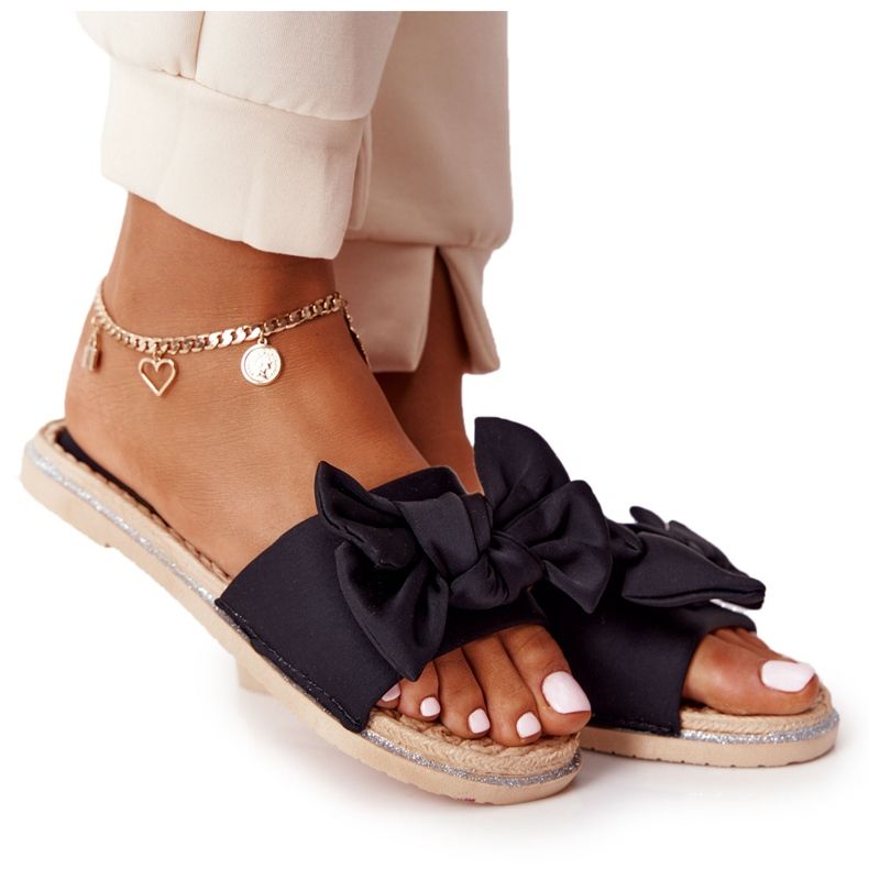 MSMG Black Andrea Rubber Slippers With Bow beige