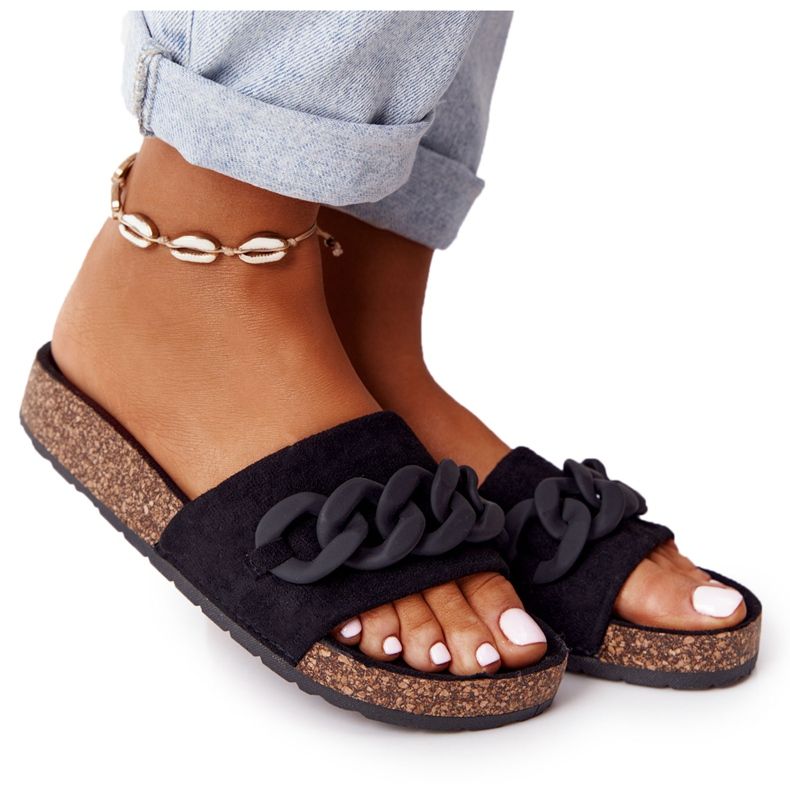 MSMG Black Makayla Suede Slippers On The Cork Sole