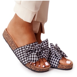 MSMG Slippers On Cork Sole With Amara Plaid Bow white black