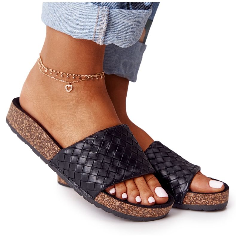 MSMG Black Catalina Leather Slippers On Cork Sole