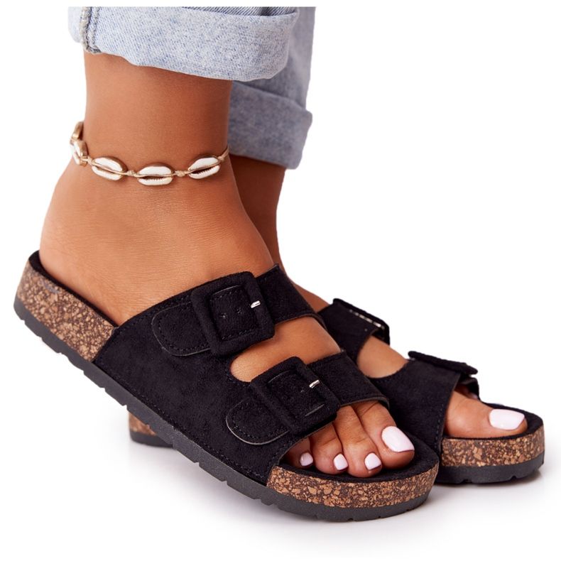 MSMG Black Jennifer Suede Slippers On Cork Sole MSMG Black Jennifer Suede Slippers On Cork Sole