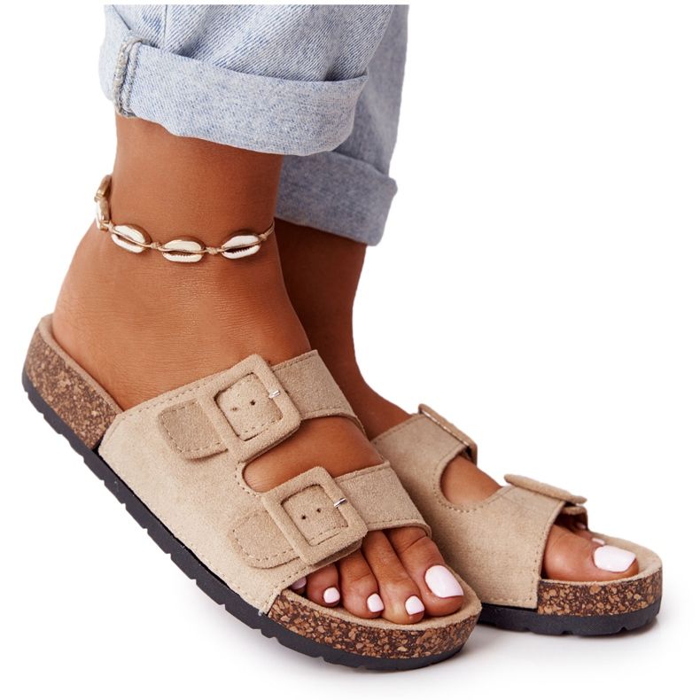 MSMG Jennifer Beige Suede Slippers On Cork Sole