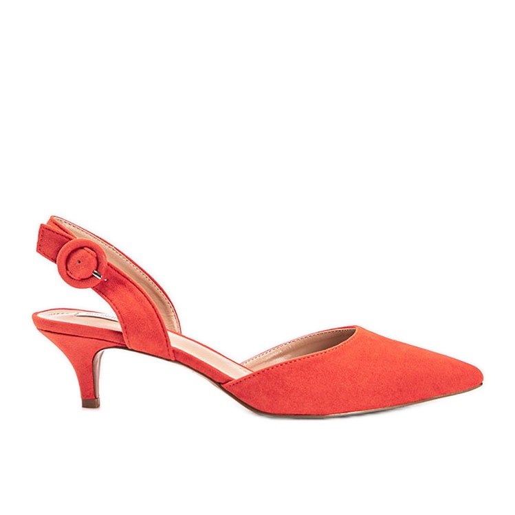 Orange eco-suede pumps on a Meghan heel