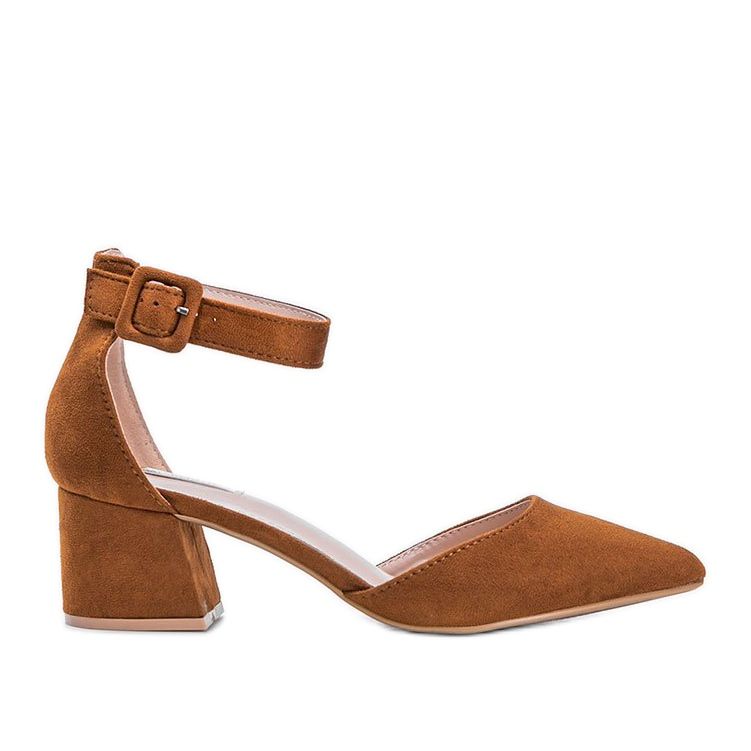 Brown eco-suede pumps on the Mattie block