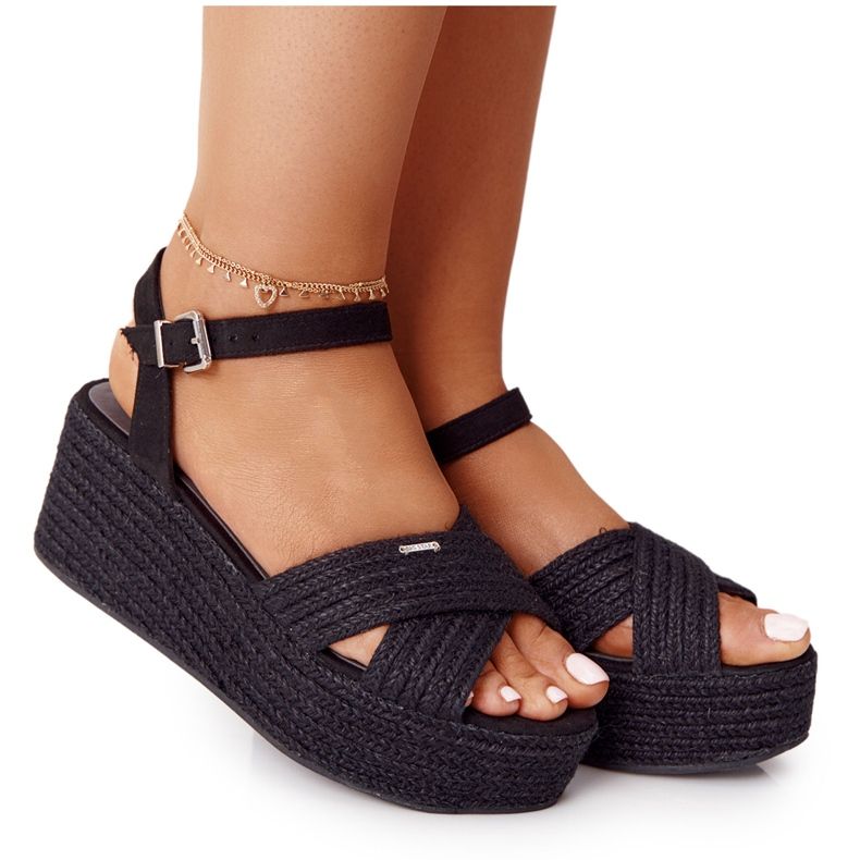 Black Sandals On A Wedge With A Braid Big Star FF274762