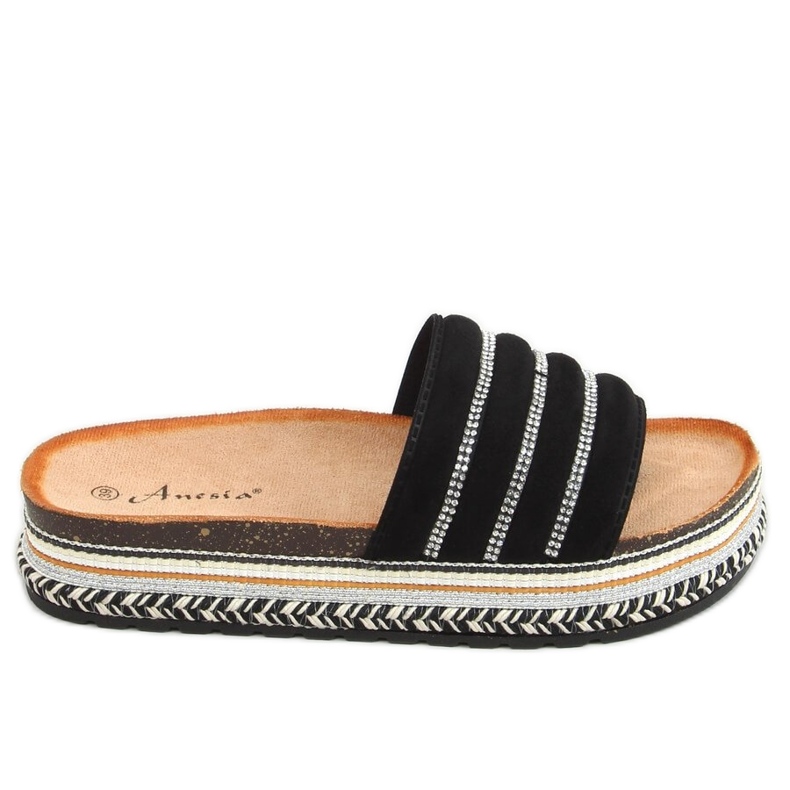 Black N-96 Black slippers on the decorated sole