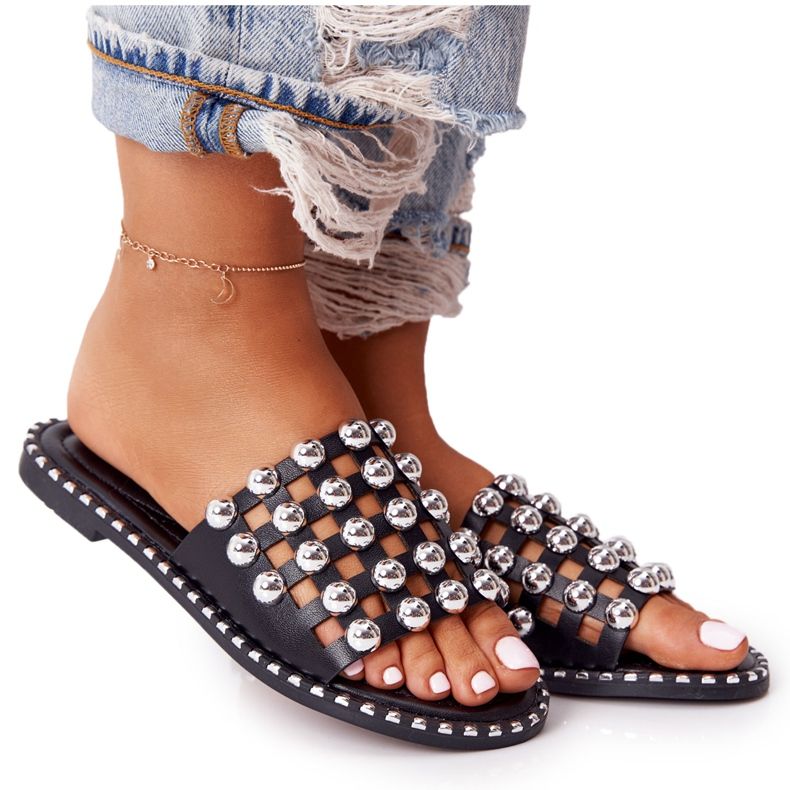 PS1 Openwork Leather Slippers With Rhinestones Black Alana