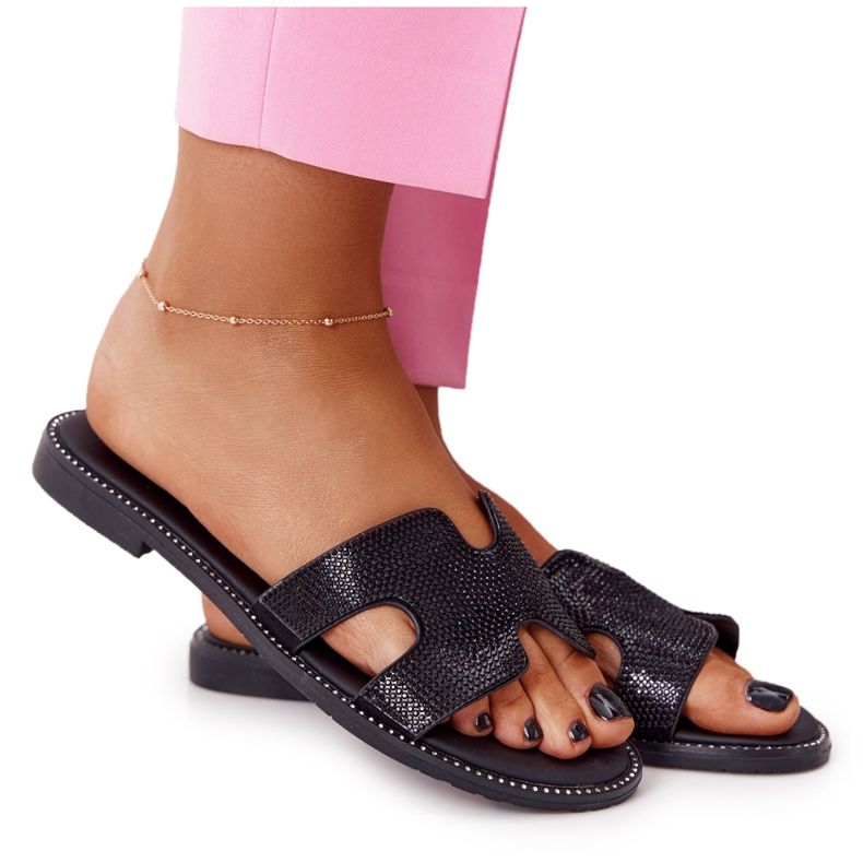 EVE Leather Slippers With Cubic Zirconia Black Modena