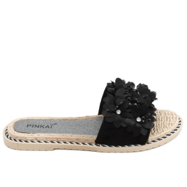 Black LS003 Black slippers with flowers