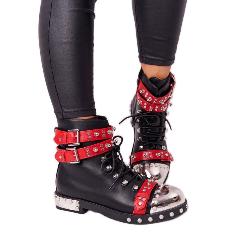 Women's Warm Boots Workers With Rhinestones Black and Red Lu Boo